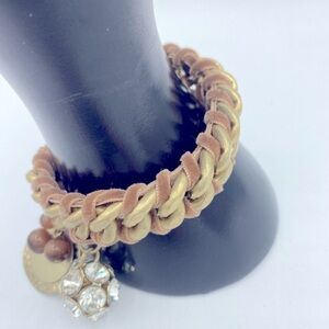 Chunky Brass Tone Chain Bracelet With 4 Charms & Velvet Ribbon Woven Thru Chain